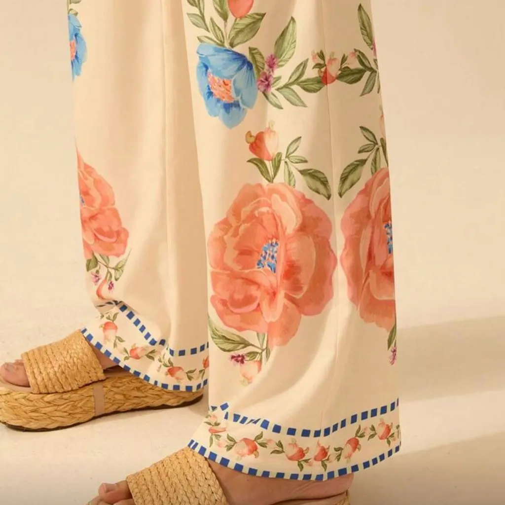 Women’s boho tropical Flower print casual pants Orange Size M - Image 4