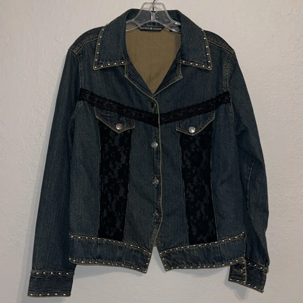 Vintage Denim Studded Jean Jacket Black Lace Gordon James festival Denim Jacket Size L - Image 4