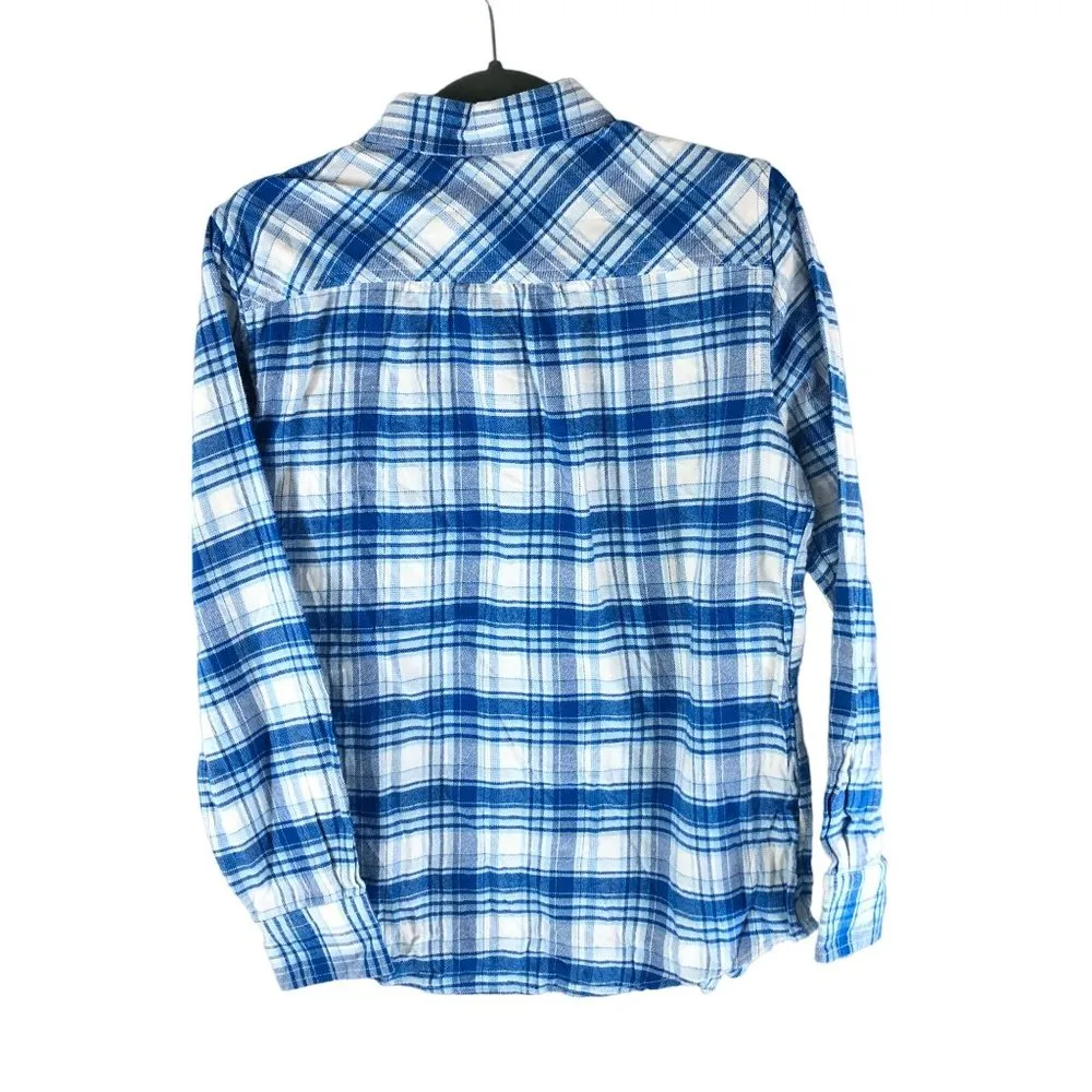 Lands End Womens Flannel Shirt 100% Cotton Plaid Button Down Blue White 4P - Image 2