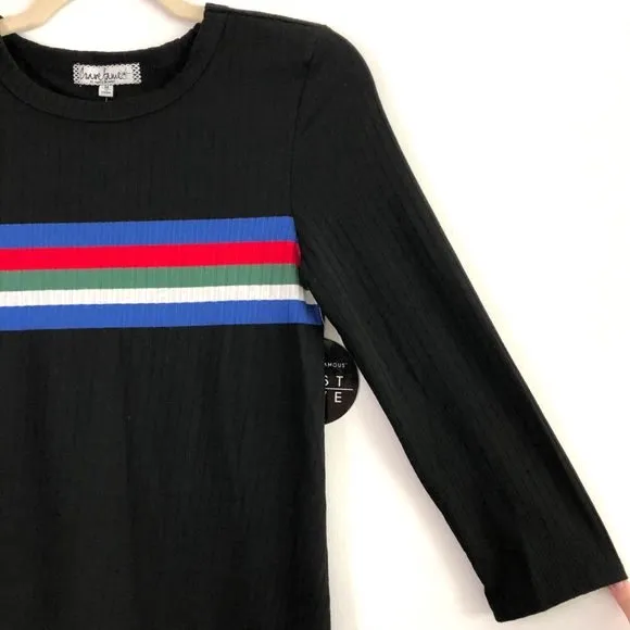 New  Striped Rib Knit Top 3/4 Sleeve Crewneck Tee Black Multi Juniors - Image 3