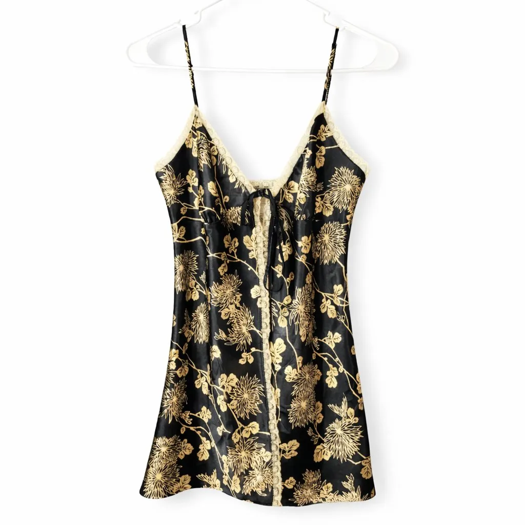 Victoria's Secret Camisole M Floral Pattern Lace Trim Vintage 90s-00s Black Tan - Image 3