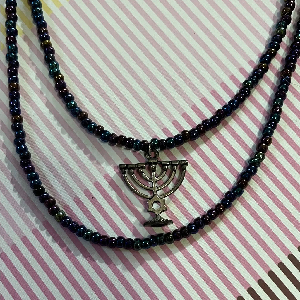 Handmade Blue Beaded Necklace with Silver Menorah Pendant Hanukkah Necklace - Image 2