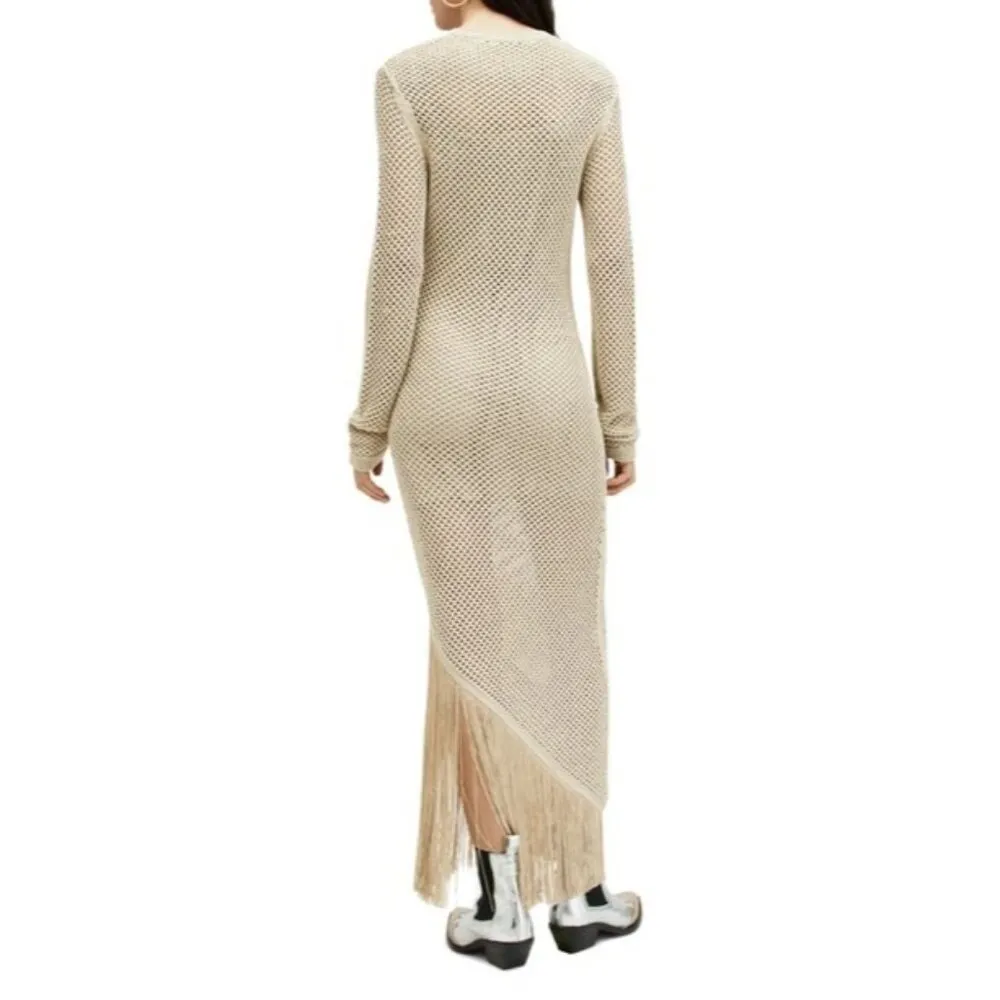 ALLSAINTS Jesse Dress in Gold Medium New Womens Knit Crochet Maxi Fringe - Image 14