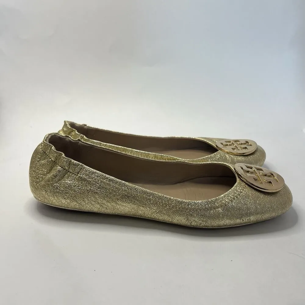 Tory Burch Shoe Spark Gold Smooth Metallic Logo Minnie Travel Ballet Flats 9.5 - Image 8