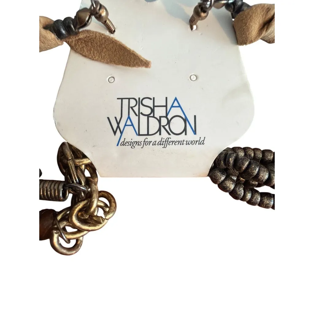 Trisha Waldron Leather & Bead Multistrand Necklace & Earrings Set Round NEW Brown - Image 5