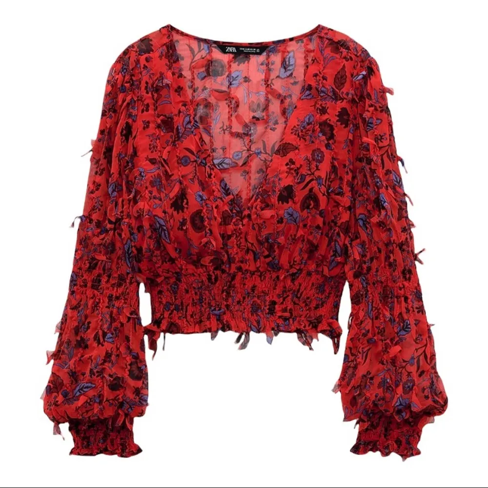 Red Floral Smocked Sheer Blouse Zara Fringing Cropped Top Long Sleeve Size XS - Image 15