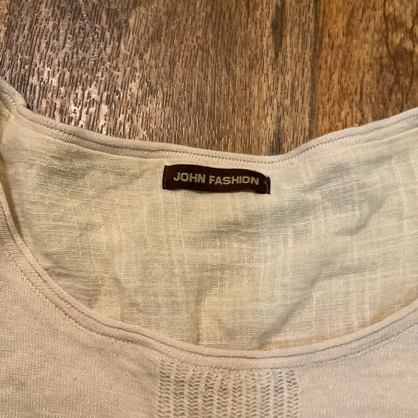 John Fashion 100% Linen Blouse Small 3/4 Sleeve Lagenlook Layered Hem Side Slits Tan - Image 3