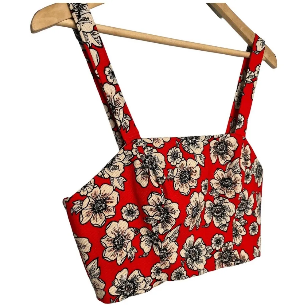 Forever 21 Floral Textured Crop Top Square Neck Wide Convertible Straps Red M - Image 3