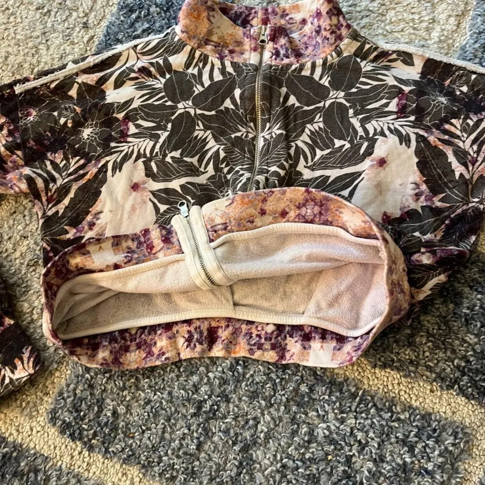 Boho Free People Cropped Floral Sweatshirt Full Zip Mock Neck Women's Size XS - Image 6