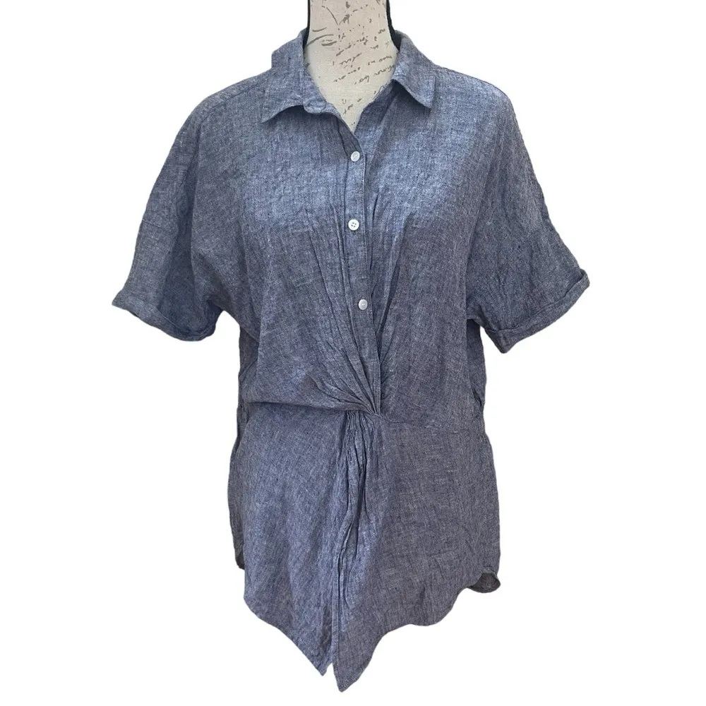 Carlson Chambray Linen Button Up Top Tunic Twisted waist front Blue Sz medium - Image 2