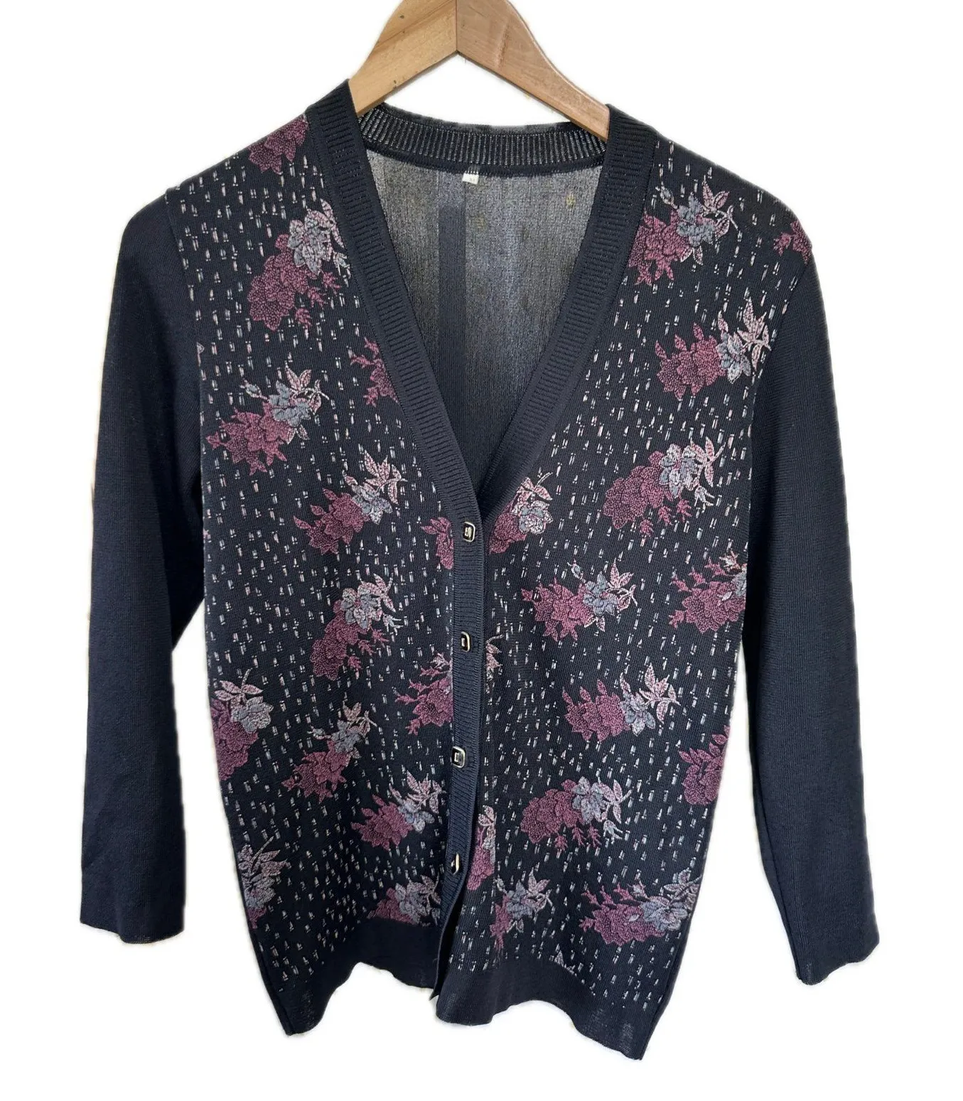 Vintage Women's Japanese Cherry Blossoms Button Down Cardigan Sweater M Black Size M - Image 1