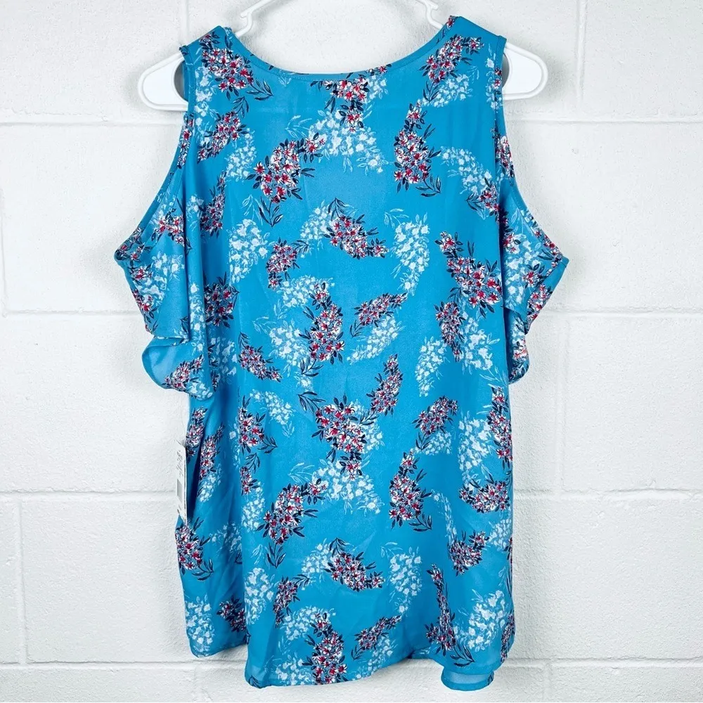 Floral‎ Cold Shoulder Top V-Neck Blouse Blue Red White Print Casual NWT - Image 8