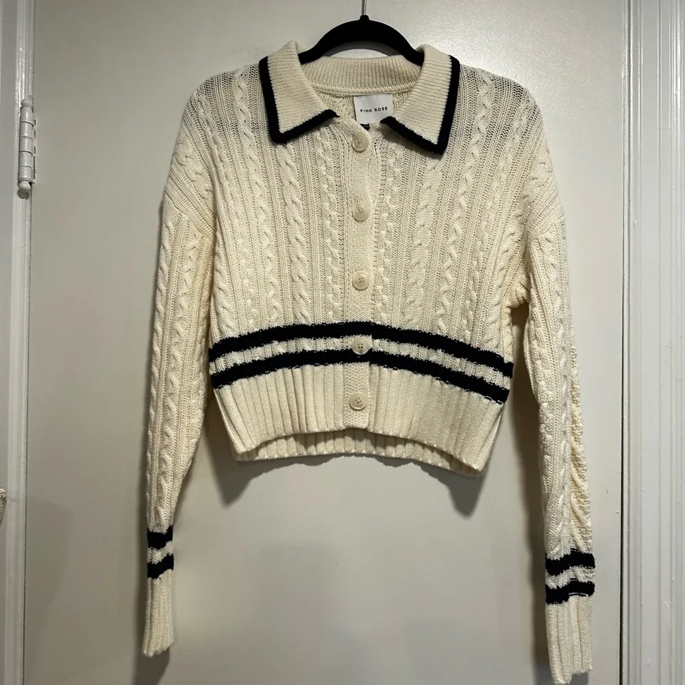 NWT Pink Rose Preppy Cream & Navy  Cable Knit Collared Cardigan. Ribbed Hem. S - Image 7