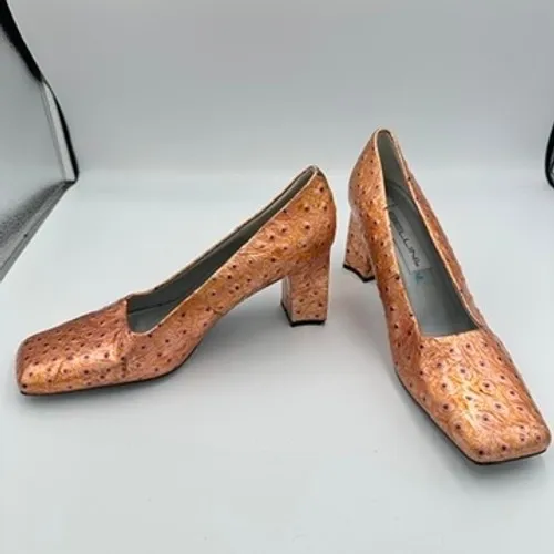 90s Bellini Women Square Toe Leather Ostrich Embossed Metallic Heels Shoes 9M Orange Size 9 - Image 11
