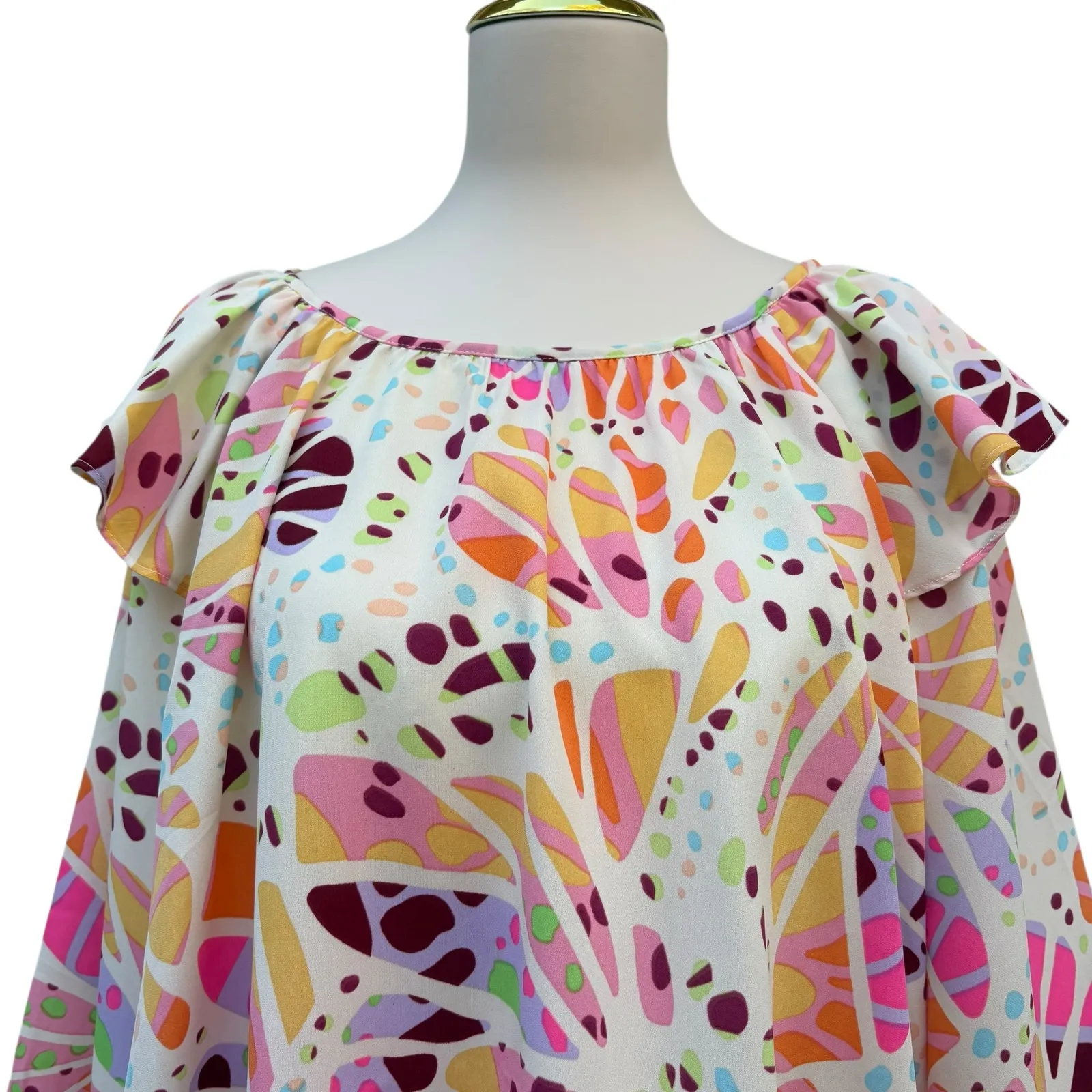 Oddy Shirt Sz 2X Colorful Ruffle Puff Sleeve Blouse Pink Whimsical Relaxed Boho - Image 2