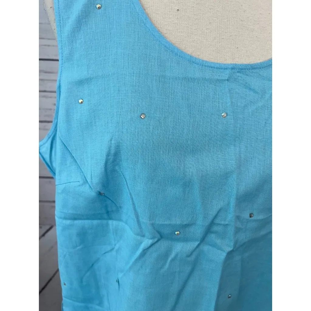 Quacker Factory Sleeveless Shirt Tank Top Cami Large Linen blend Rhinestone Blue - Image 3