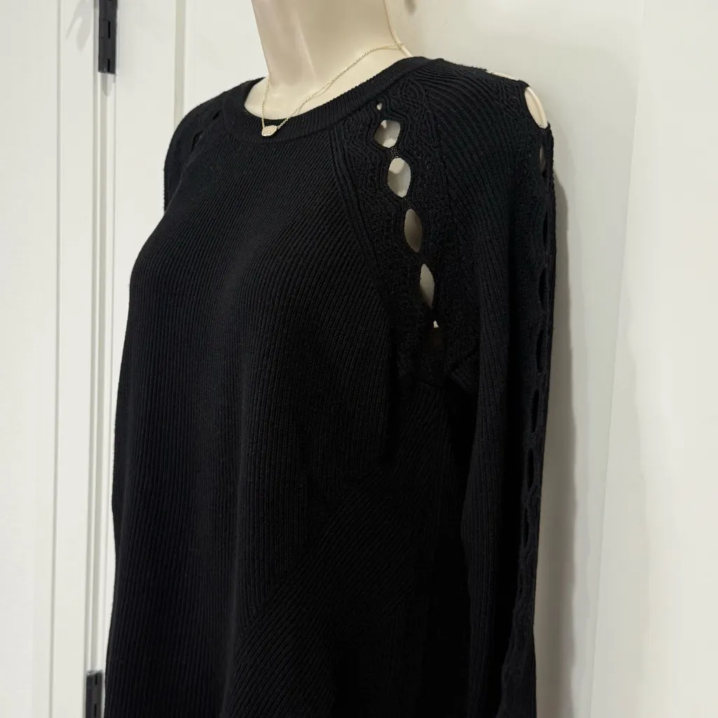 Milly Ribbed Pointelle Cutout Sweater Wool Crewneck Black Small Whimsigoth Chic - Image 6