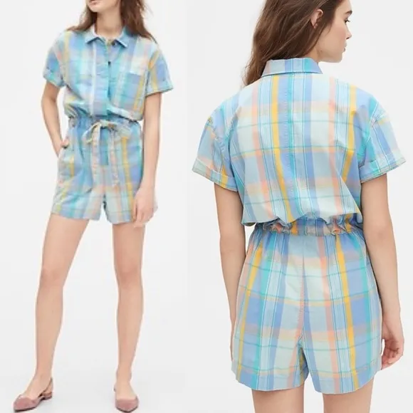 Gap Plaid Madras Romper Shorts Sz 6 Preppy New Money 100% Cotton Pockets - Image 2