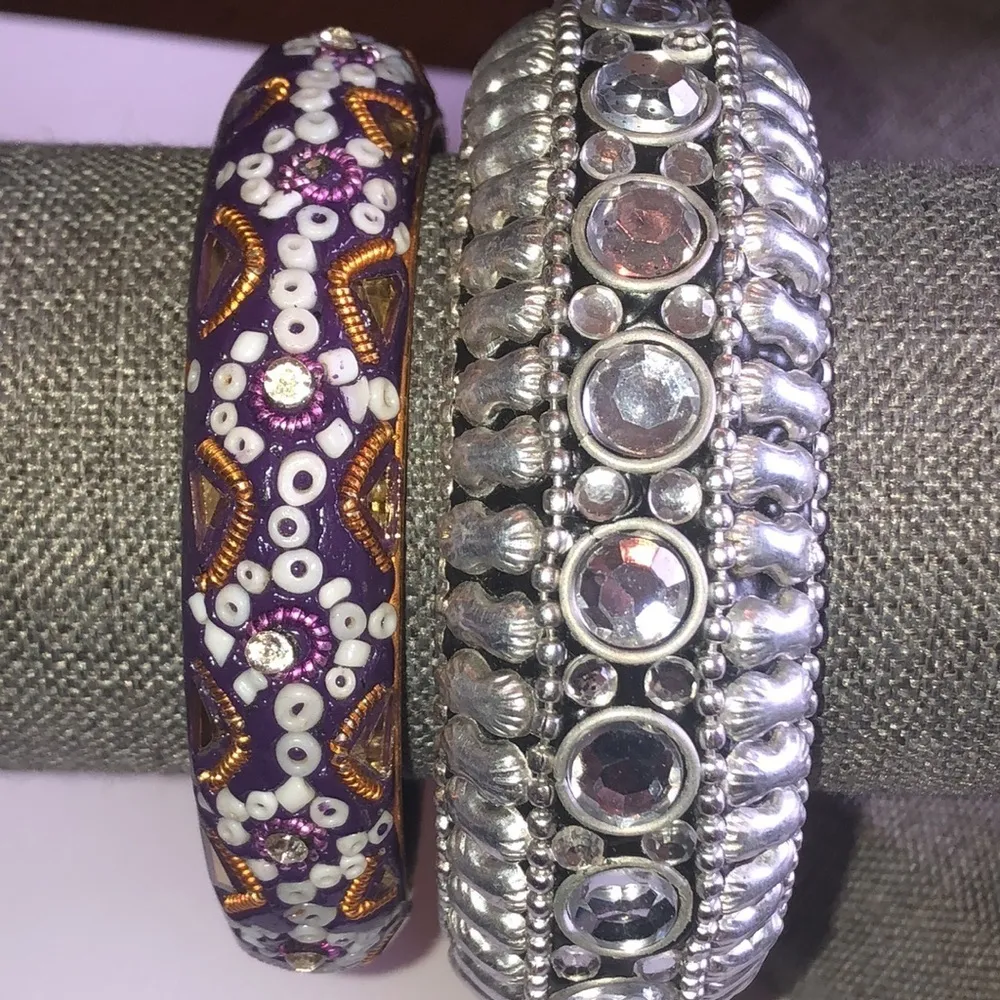 Purple & Silver Tone Boho Bangle Seed Bead Beaded Retro Bangle Bracelets - Image 7