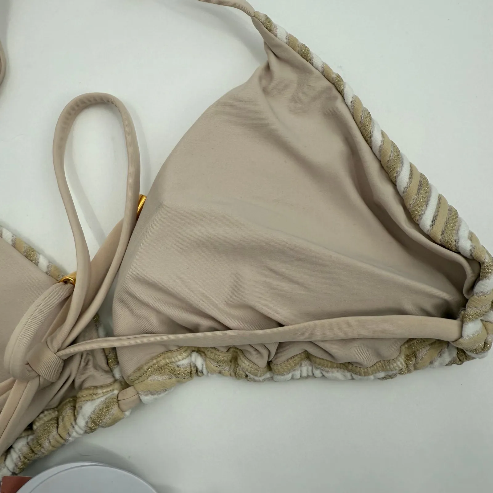 PQ SWIM PILYQ Bikini Top Size Large NWT New Earth Triangle Tie Stripe String White - Image 13