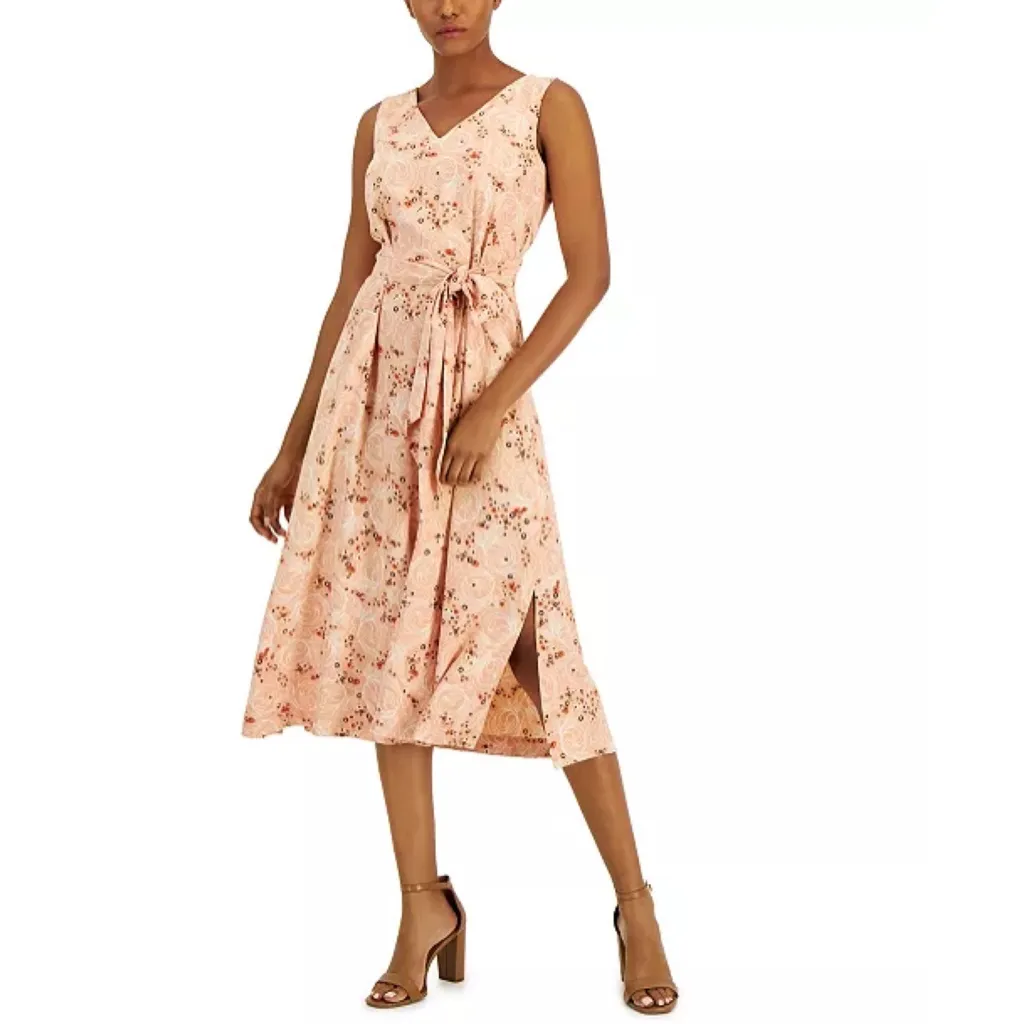 Anne Klein Floral Printed Sash Waist Sleeveless Midi Dress Peach Medium - Image 2