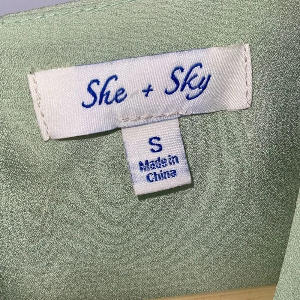 She‎ + Sky Womens Crop Ruffled Tiered Short Sleeve Blouse Tie Front Green Small - Image 4