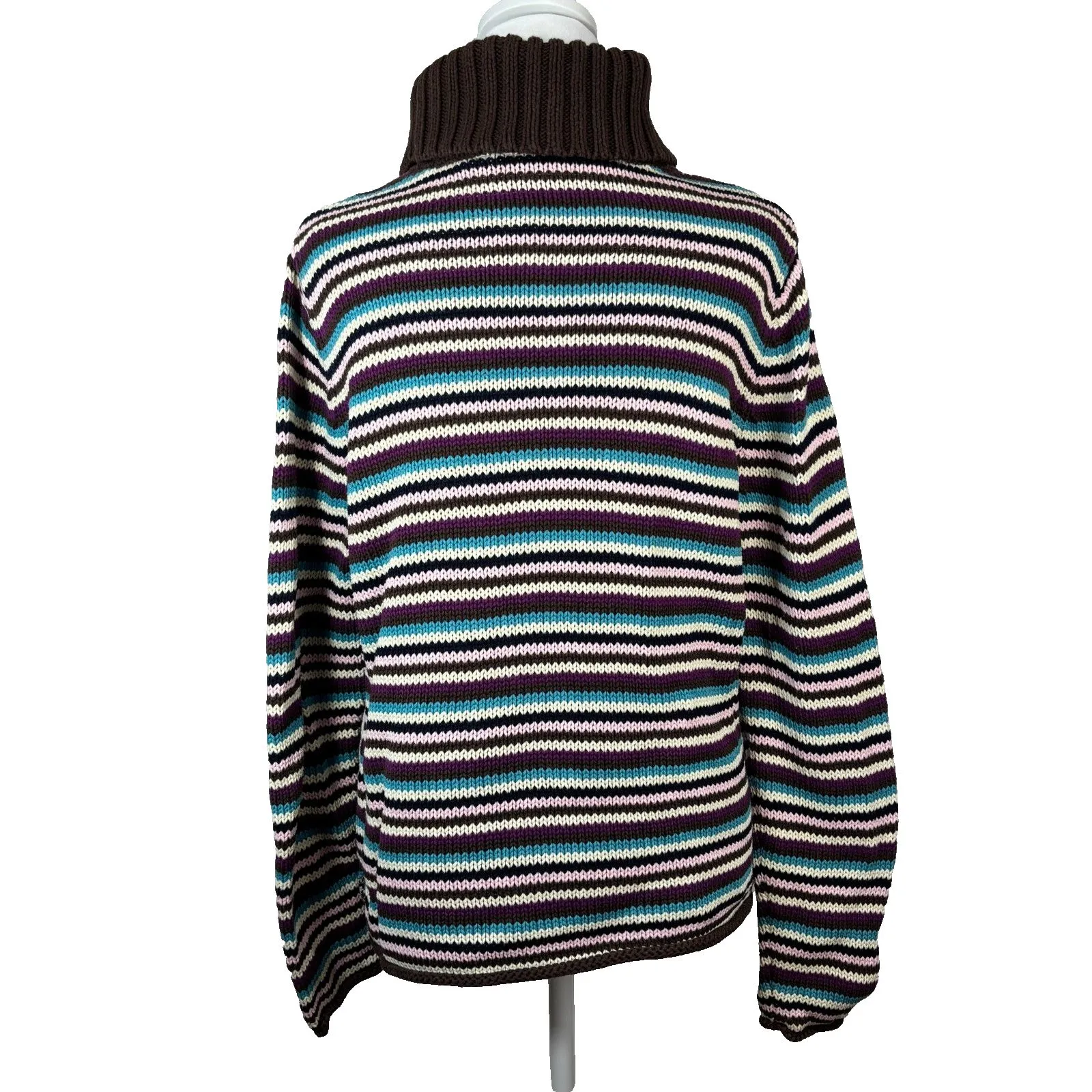 Striped Chunky Knit Turtleneck Sweater Earthy Rolled Edges Cottage Casual Sz M - Image 2