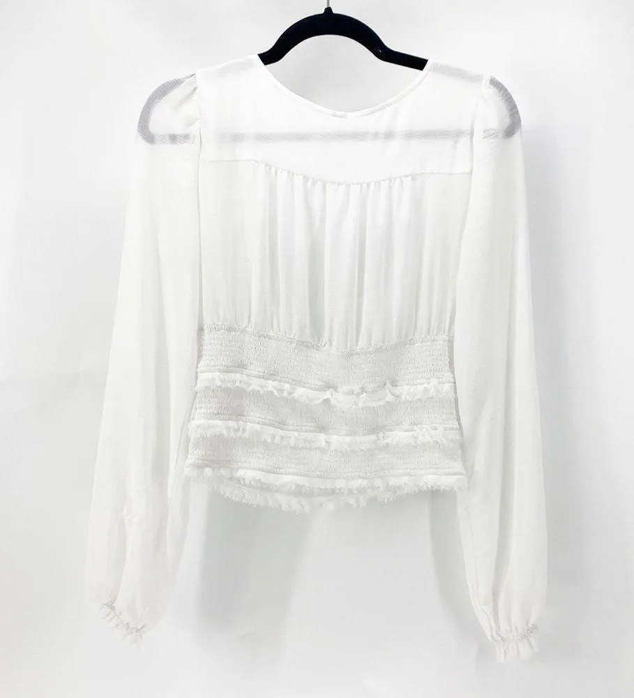 FREE PEOPLE WHITE SHIRRED WAIST SHEER SLEEVE FRILL TRIM PEASANT TOP - Image 5
