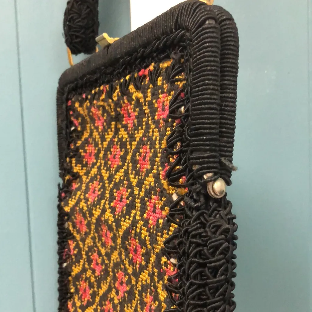 Vintage Miriam Lefcourt hand crafted Knitted Purse Rare tapestry purse 10” x 8” Black - Image 5