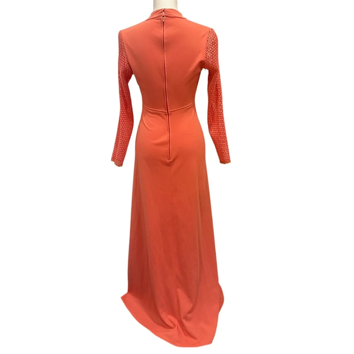VTG 70s Coral Long Crochet Sleeve Maxi Dress Victorian Edwardian Revival Size XS - Image 4