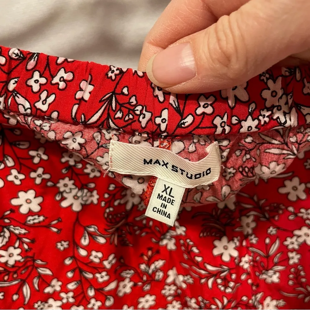 Max Studio red floral pull on asymmetrical hem elastic waist flowy boho midi - Image 7