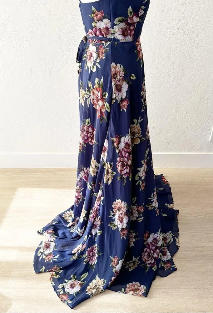 Lulus Always There For Me Navy Blue Floral Print Wrap Maxi Dress NWT | XS - Image 8