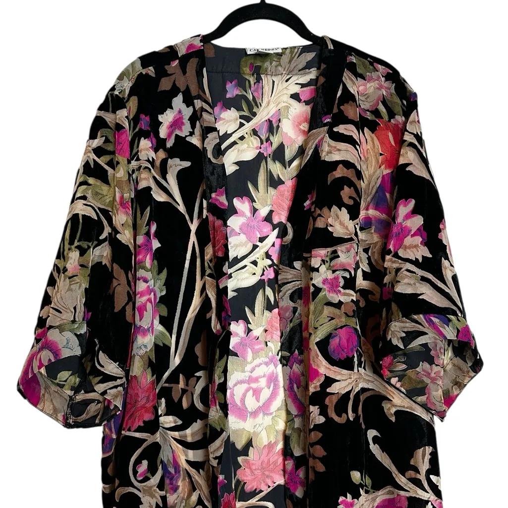 Womens Floral Velvet Burnout Kimono Cardigan Size 1X - Image 4