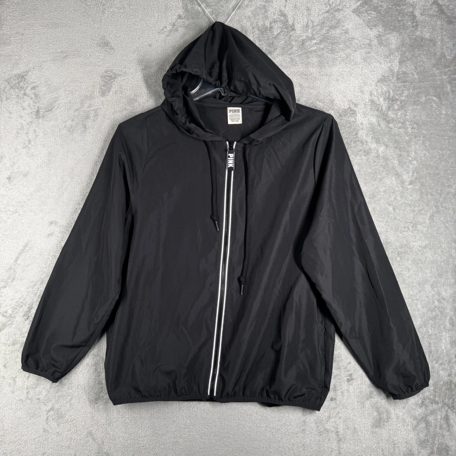 Victorias Secret PINK Windbreaker Jacket Womens XS Black Hood Athleisure Neutral - Image 2
