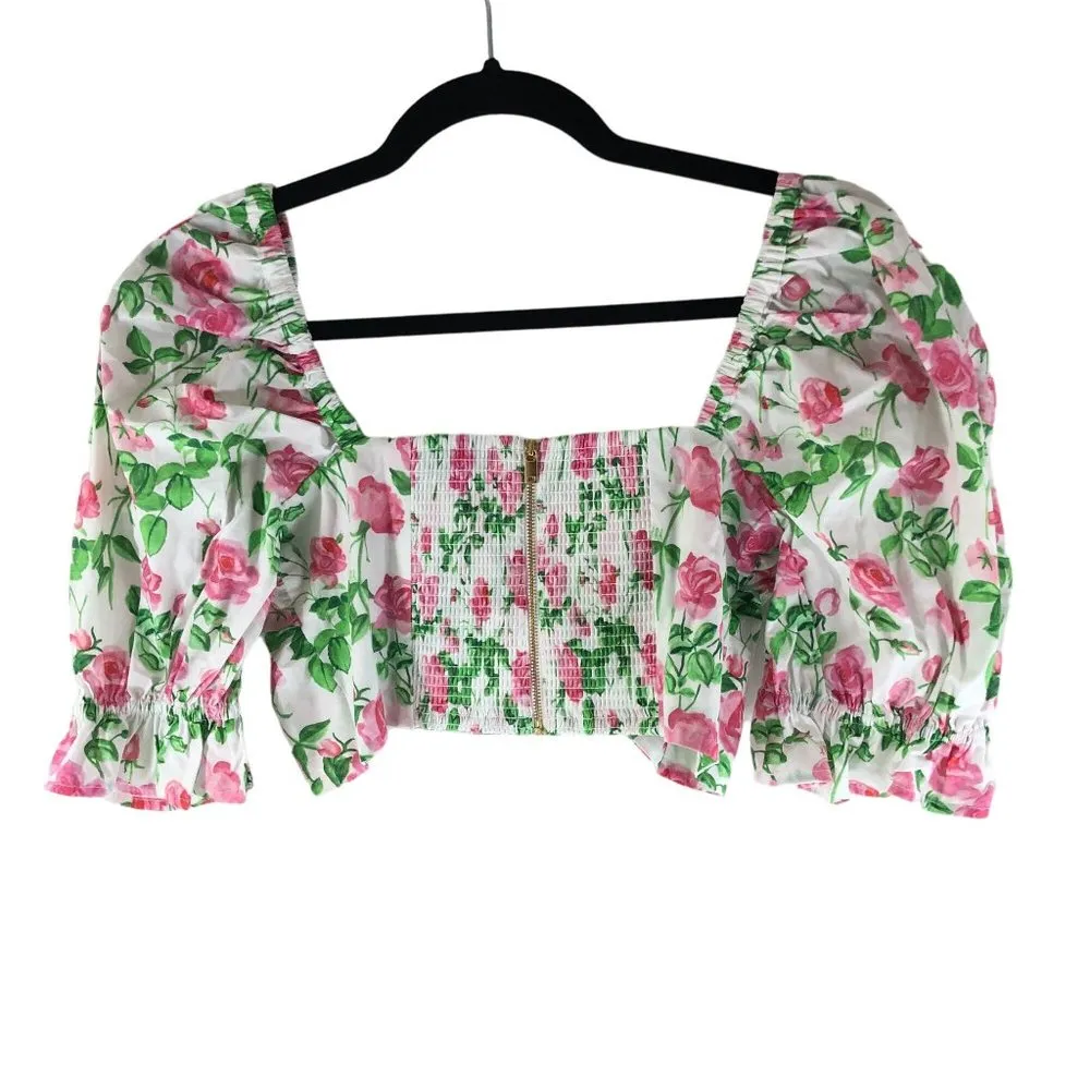 Hill House Womens The Isabella Top Crop Smocked Puff Sleeve Pink Roses White M - Image 3