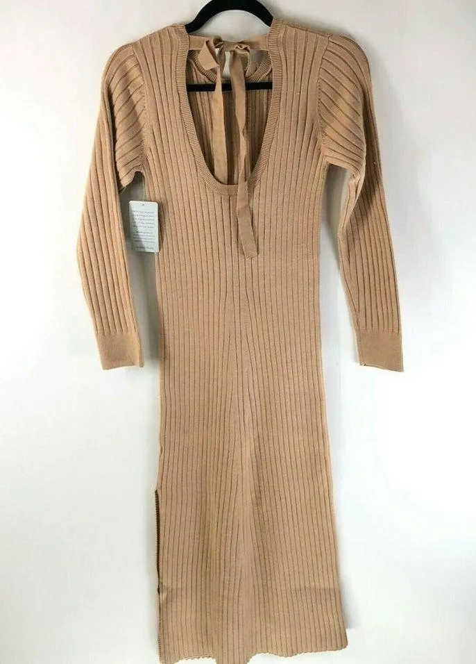 WAYF Midi Sweater Dress Ribbed Knit Slit Low Back Long Sleeve Beige Size XS - Image 2