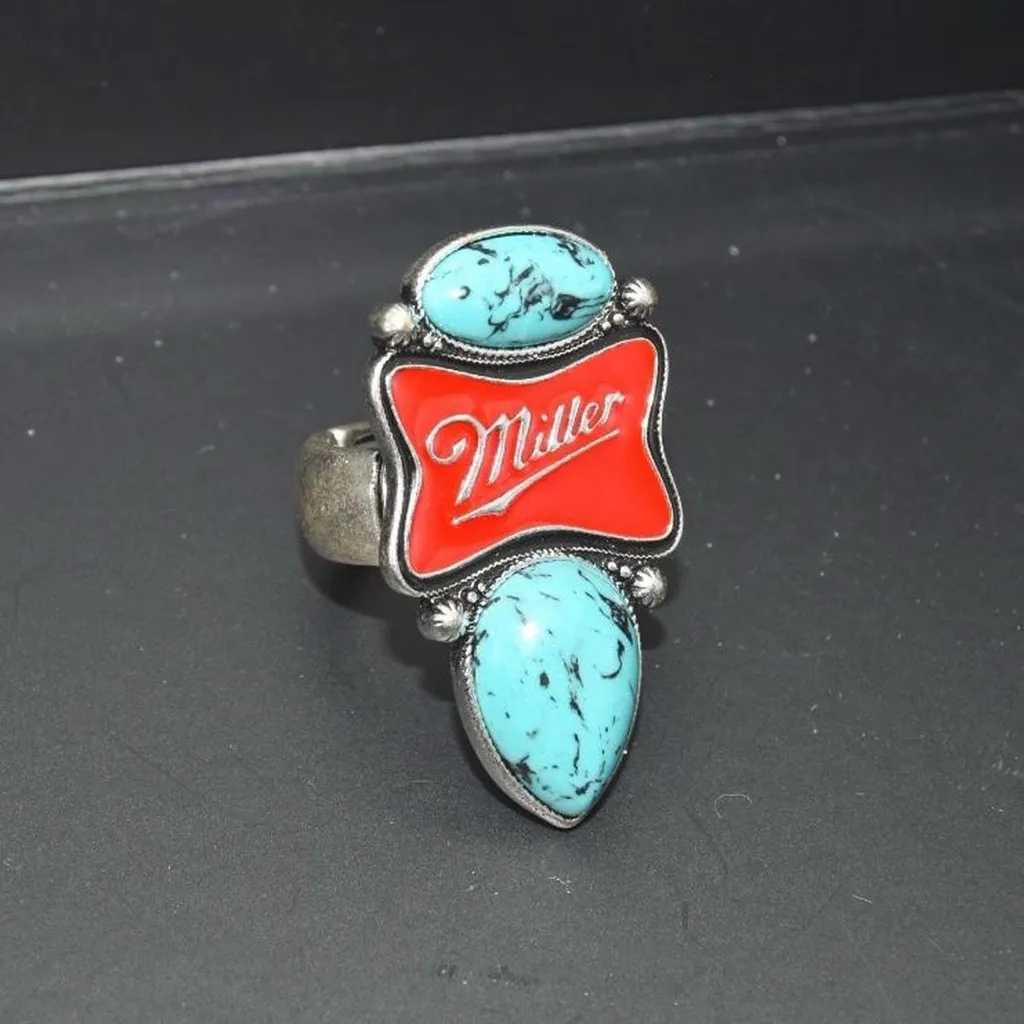 Statement Western Ring with Miller Beer Logo Blue Size 8 - Image 3
