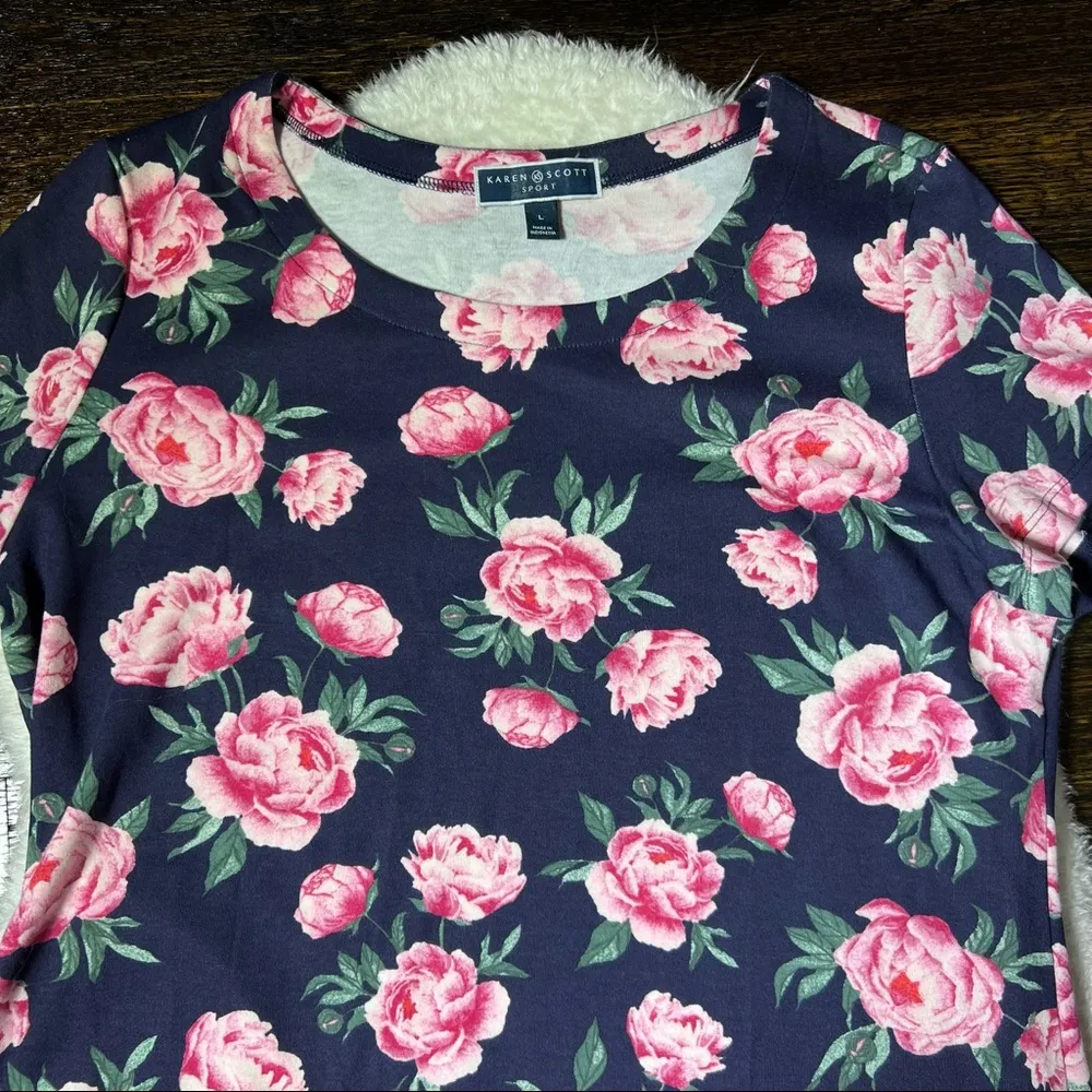 Karen Scott Sport Navy Blue Floral Print Short Sleeve Dress - Image 2