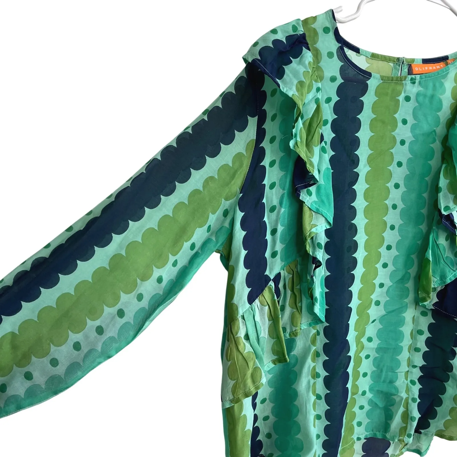 Oliphant Meko Side Ruffle Top Green Scallop Dot Print Silk Cotton Blend Medium - Image 3