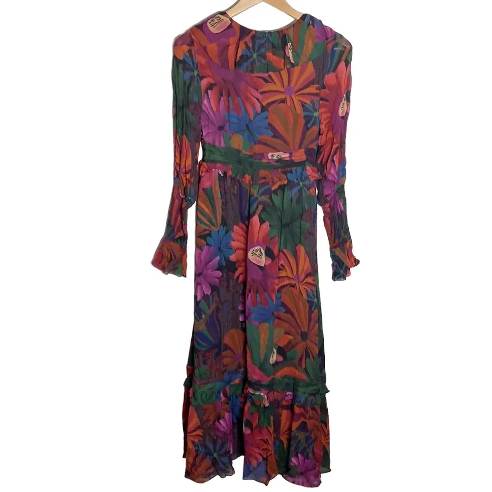 Farm Rio Bird Flowers long sleeve ruffled lace up maxi dress size XS - Image 4