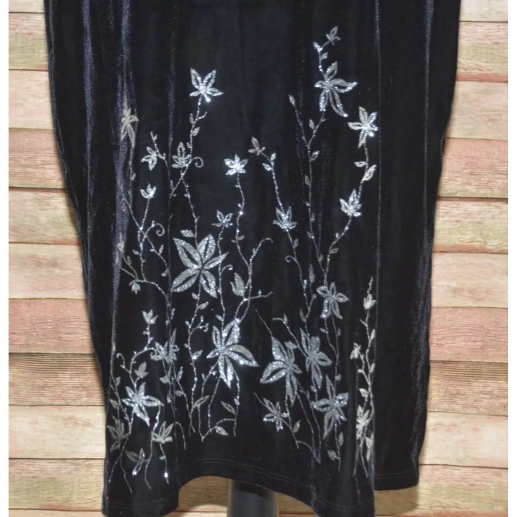 VTG Y2K Black Velvet Sleeveless Midi Dress 1X Glitter Floral Whimsigoth Fairy - Image 3