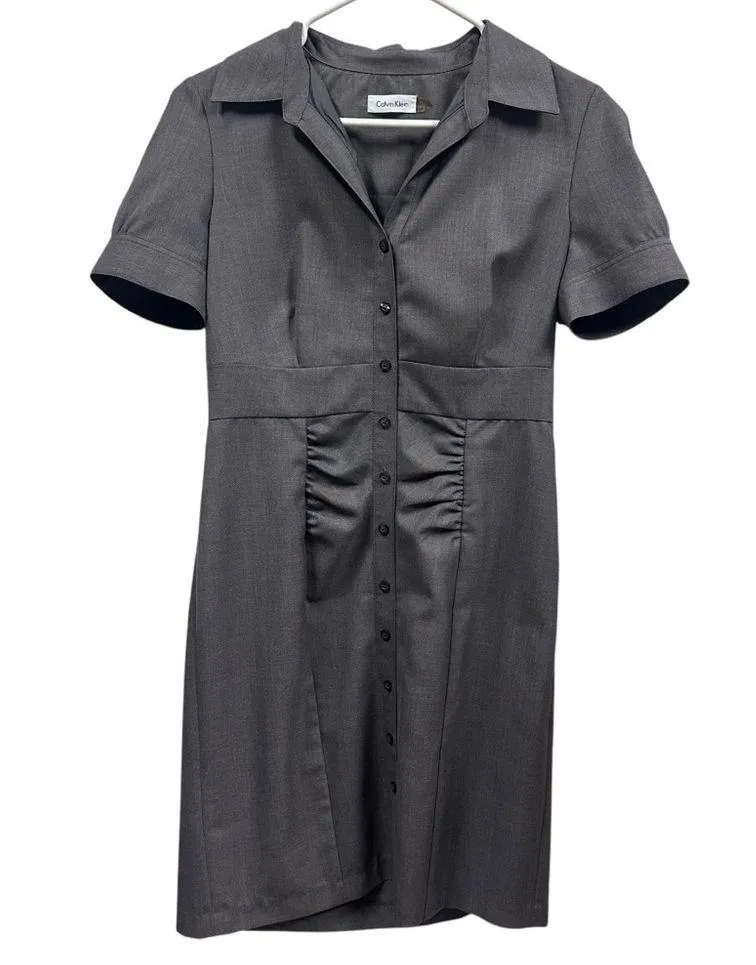 Calvin Klein Gray Button Up Short Sleeve Collared Midi Shirt Dress 10 Petite - Image 5