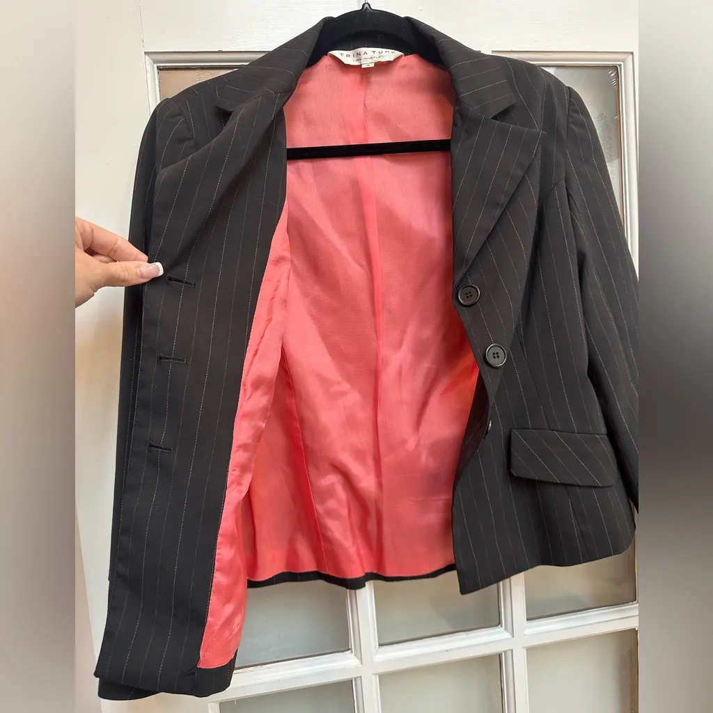 Trina Turk Black Pink Pinstripe Blazer Jacket Shabby Chic Career Women’s Size 4 - Image 5