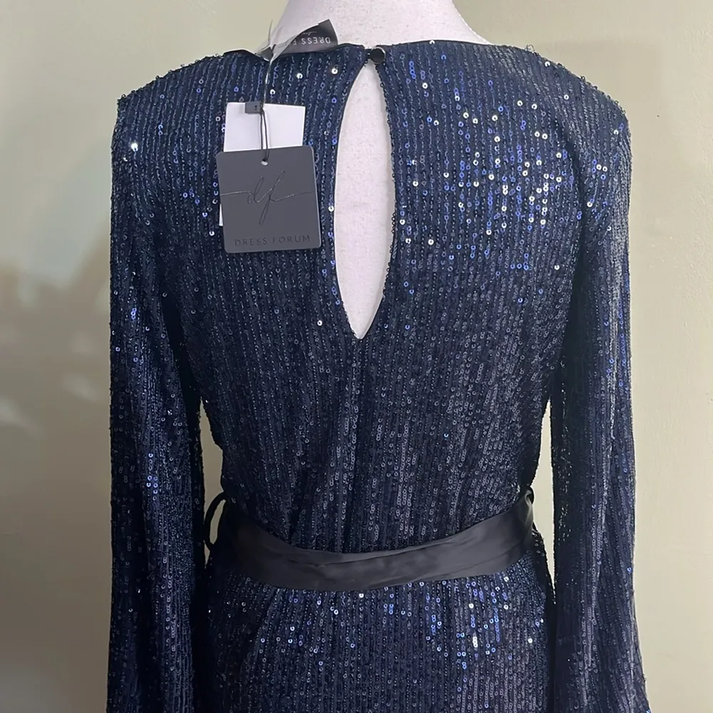 Dress Forum Navy Sequin Balloon Sleeve Contrasting satin Belt,keyhole Back Dress - Image 13
