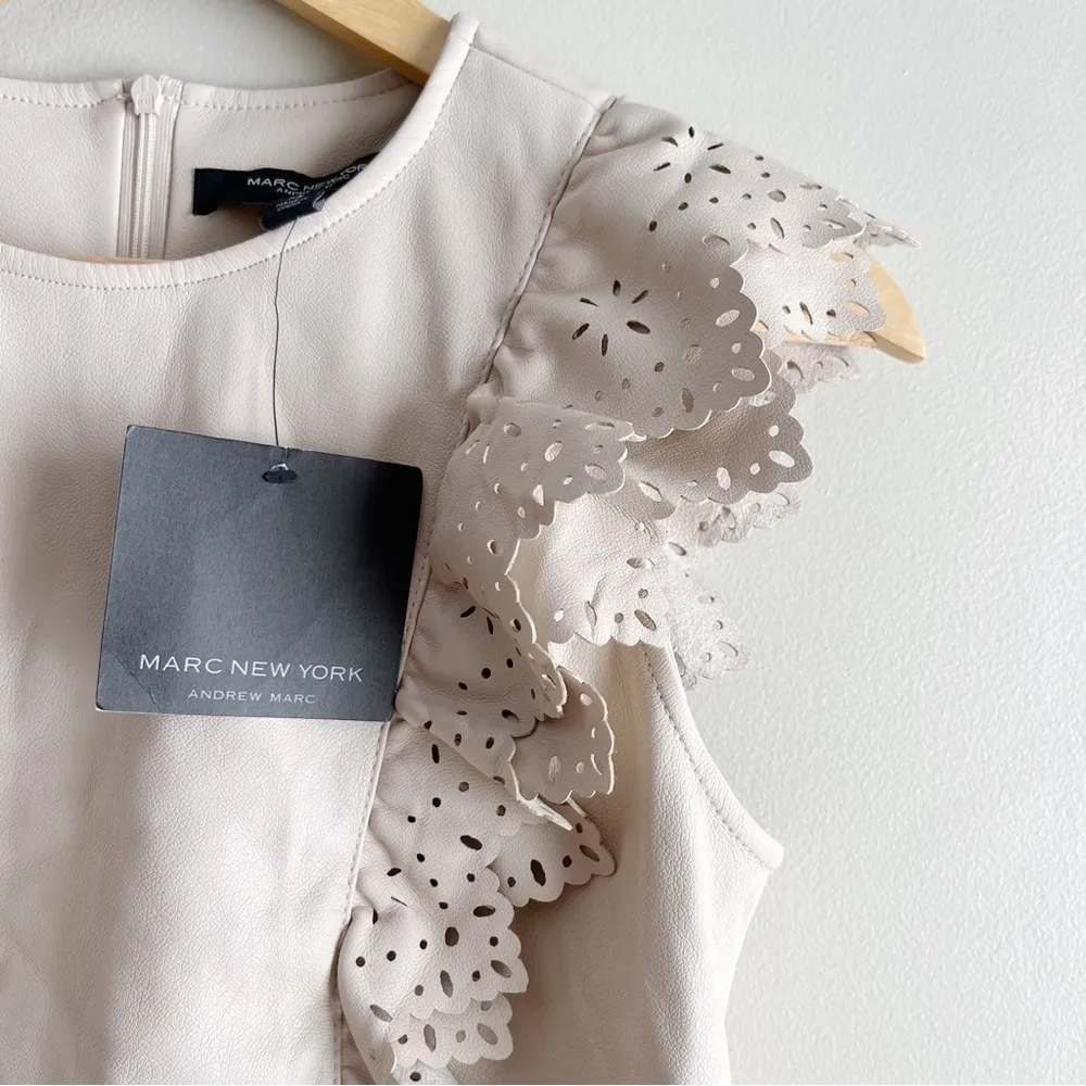 NWT‎ Marc New York Ruffle Trim Faux Leather Sleeveless Top in Latte Beige, Sz XS - Image 4