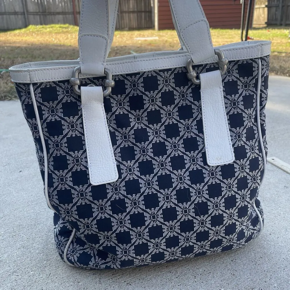 Vintage‎ Emporio Armani Handbag Fabric Blue/White Made In Italy Purse Leather - Image 4