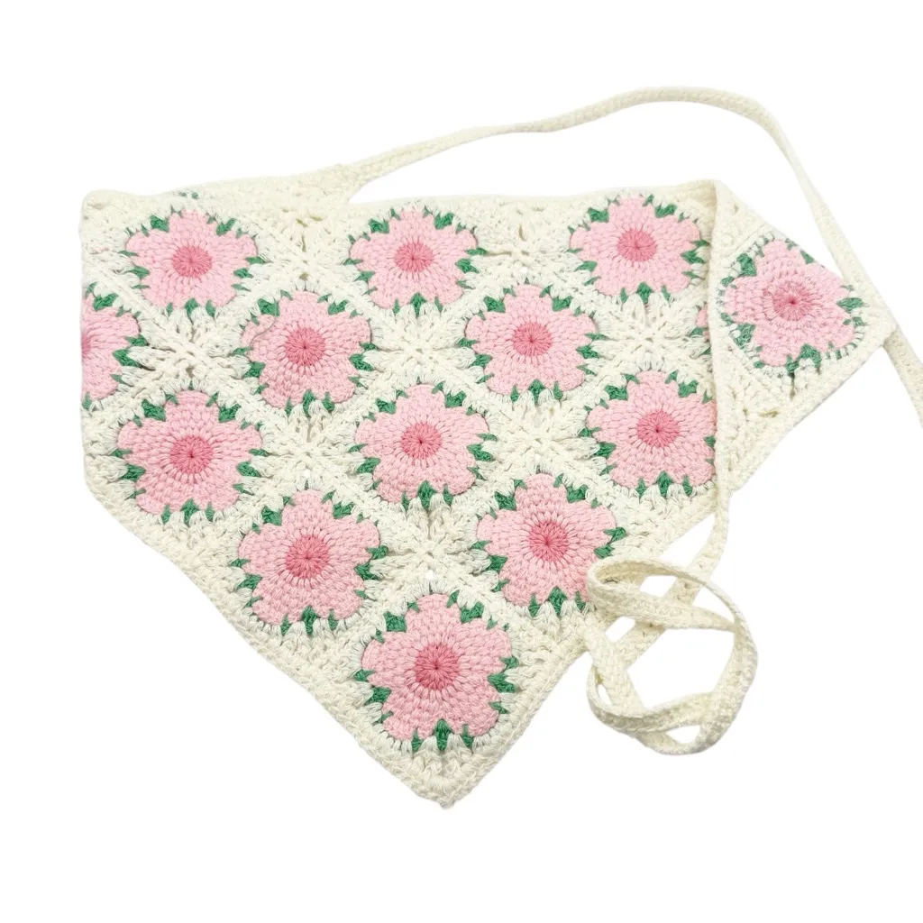 Handmade Crochet Floral Granny Square‎ Bandana Headscarf – Pink & Cream - Image 2