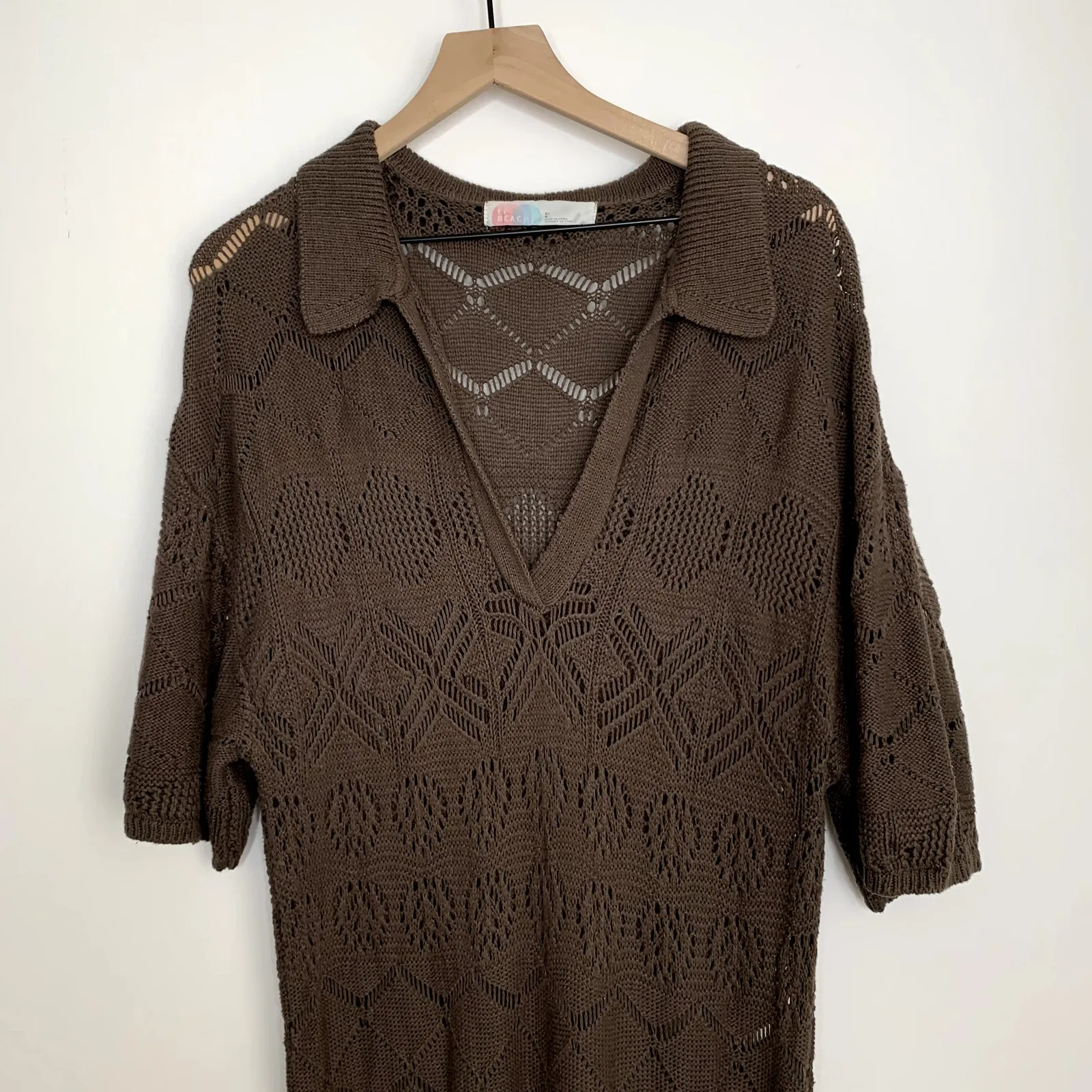 Free People Islamorada Fauxchet Sweater Maxi Crochet Dress Brown Womens Large - Image 5