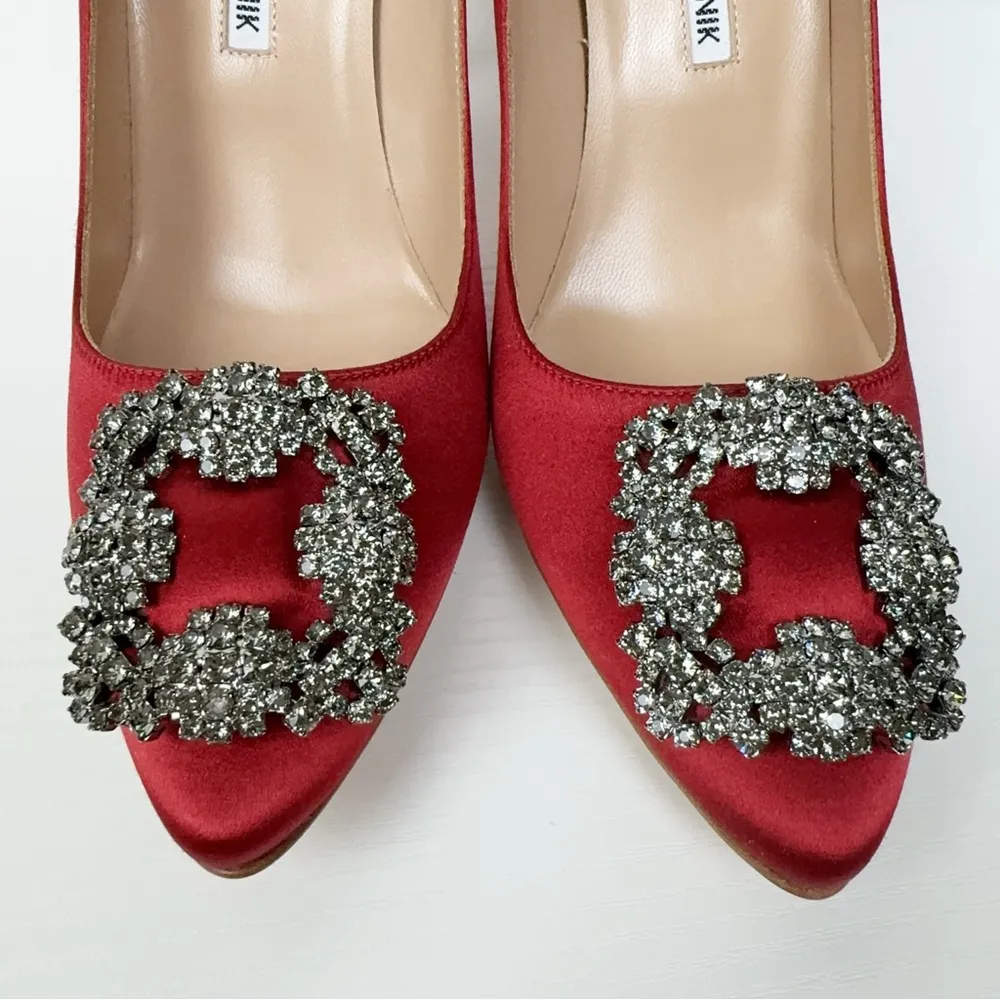 NIB Manolo Blahnik Wine Red 105mm Hangisi Satin Pumps Size 37.5 - Image 7