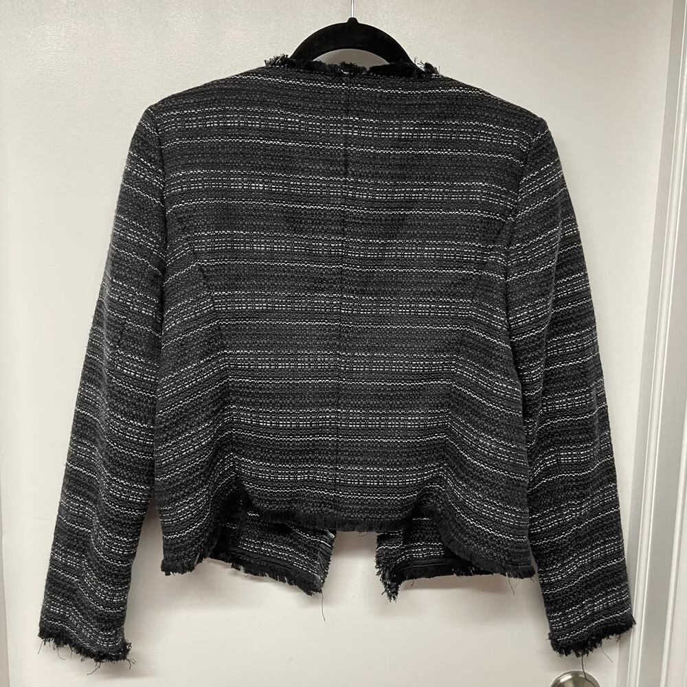 Adrienne Vittadini Black Tweed Fringe Open Front Jacket Womens Size Medium - Image 2